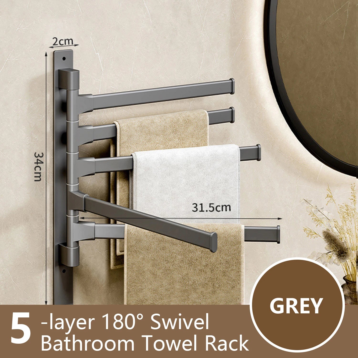 Rotatable Bathroom Towel Rack, Aluminum 1-5 Bar Wall-Mounted Towel Holder with Space-Saving Design for Kitchen and Bath