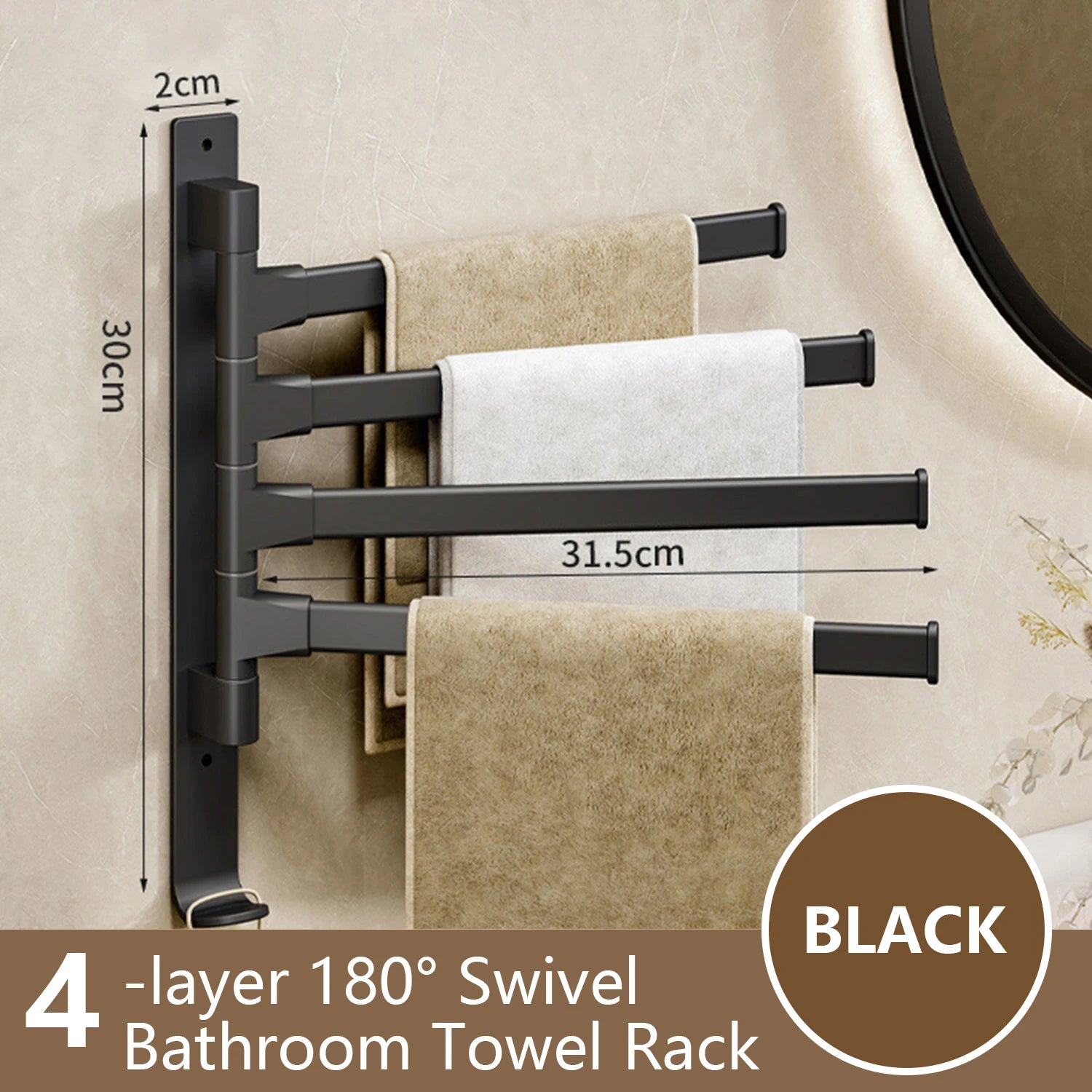 Rotatable Bathroom Towel Rack, Aluminum 1-5 Bar Wall-Mounted Towel Holder with Space-Saving Design for Kitchen and Bath