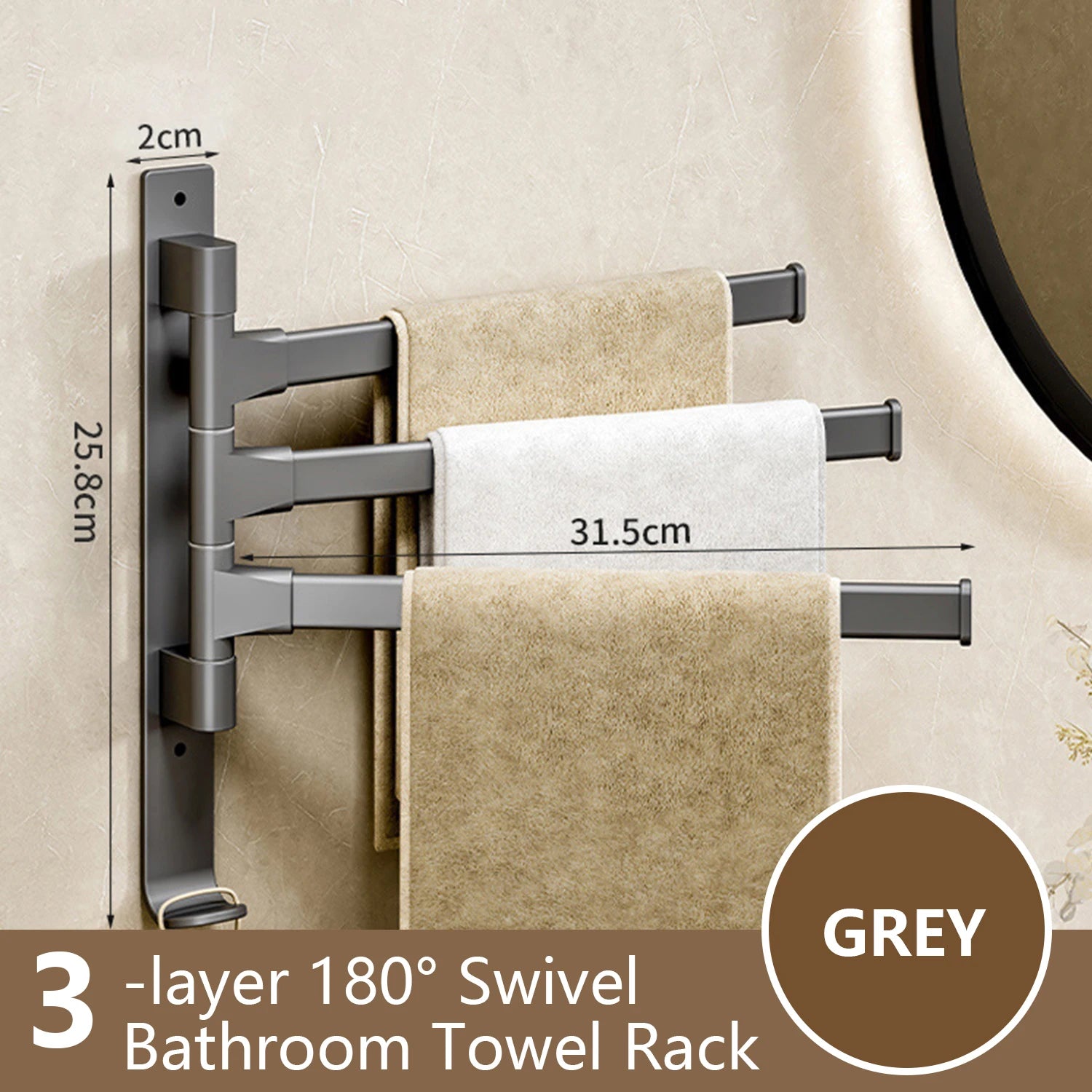 Rotatable Bathroom Towel Rack, Aluminum 1-5 Bar Wall-Mounted Towel Holder with Space-Saving Design for Kitchen and Bath