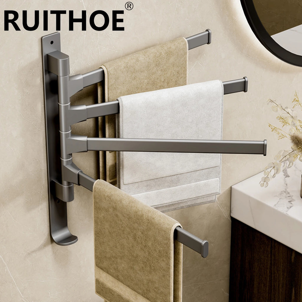 Rotatable Bathroom Towel Rack, Aluminum 1-5 Bar Wall-Mounted Towel Holder with Space-Saving Design for Kitchen and Bath