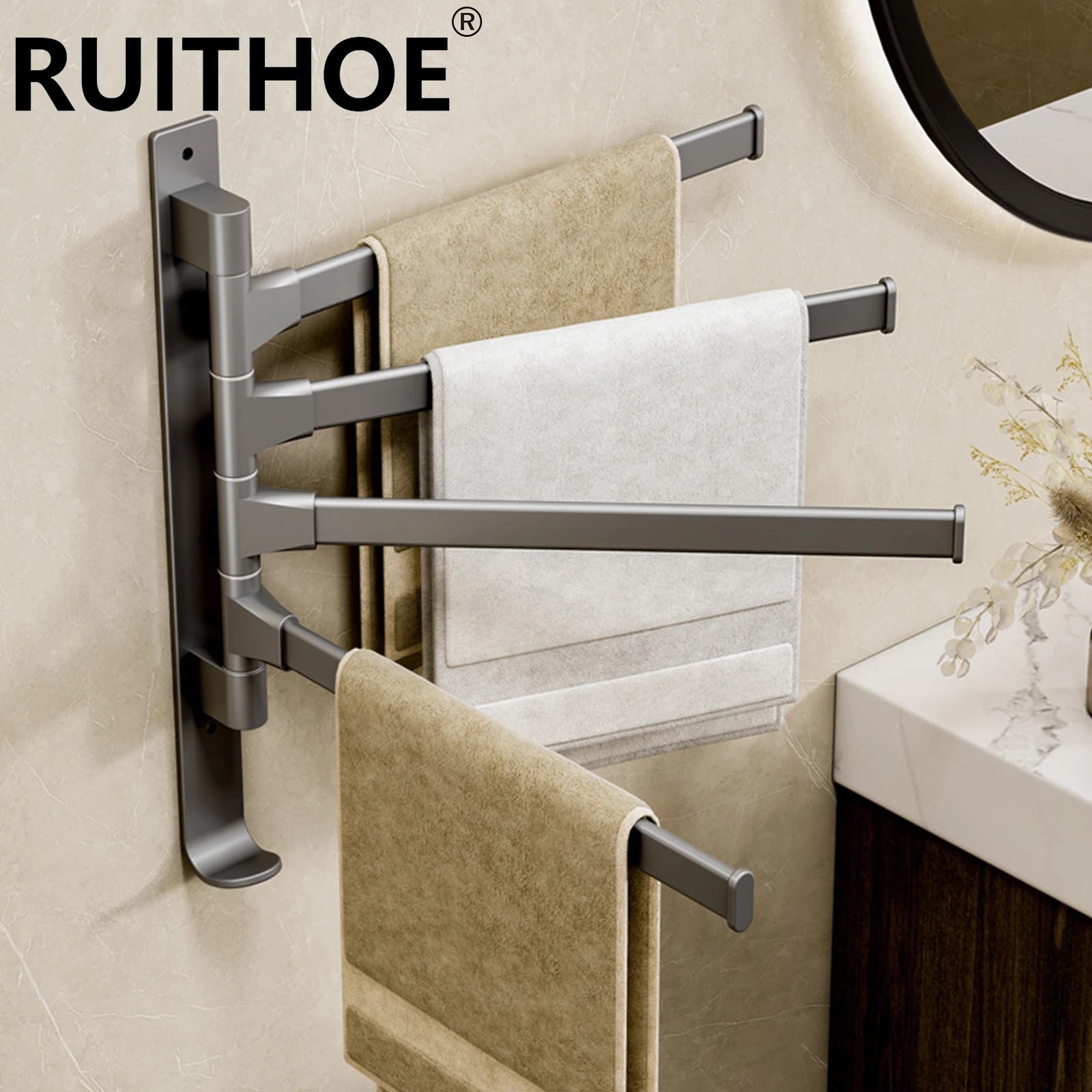 Rotatable Bathroom Towel Rack, Aluminum 1-5 Bar Wall-Mounted Towel Holder with Space-Saving Design for Kitchen and Bath