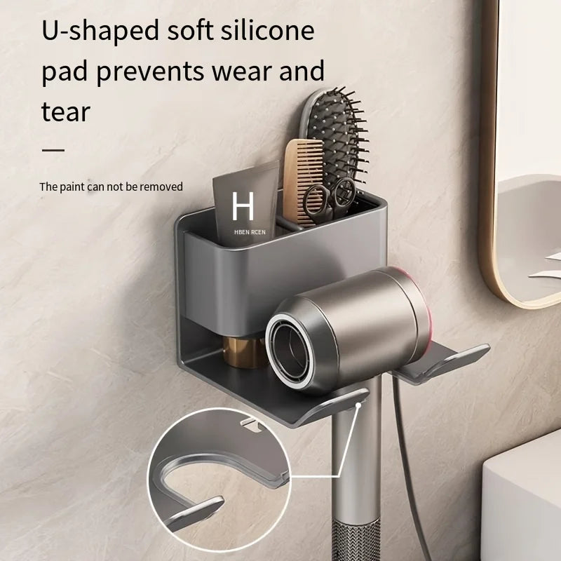 Metal Hair Dryer Holder, Easy Install Wall-Mounted, No-Drill Bathroom Organizer for Electric Blow Dryers