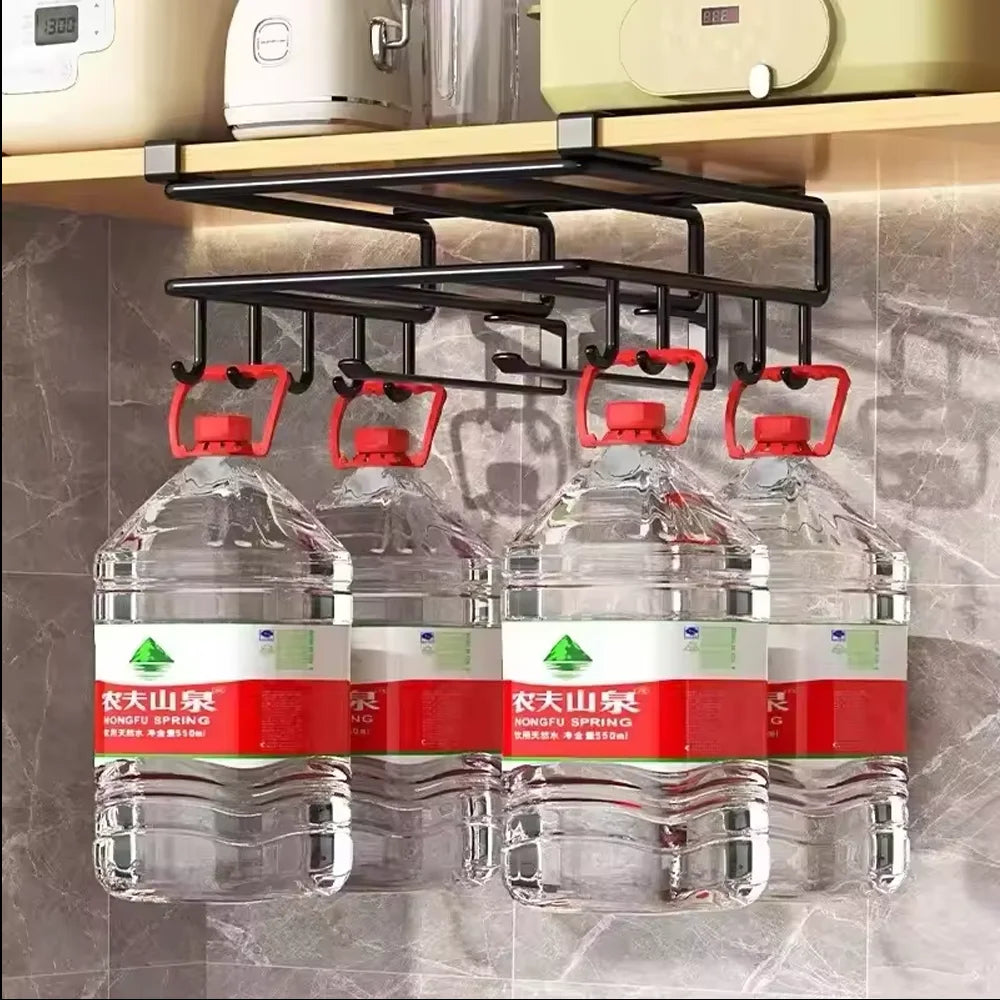 Space Saving Kitchen Organizer: Under Cabinet Hanging Rack with Hooks for Towels Cutting Boards & Pot Lids
