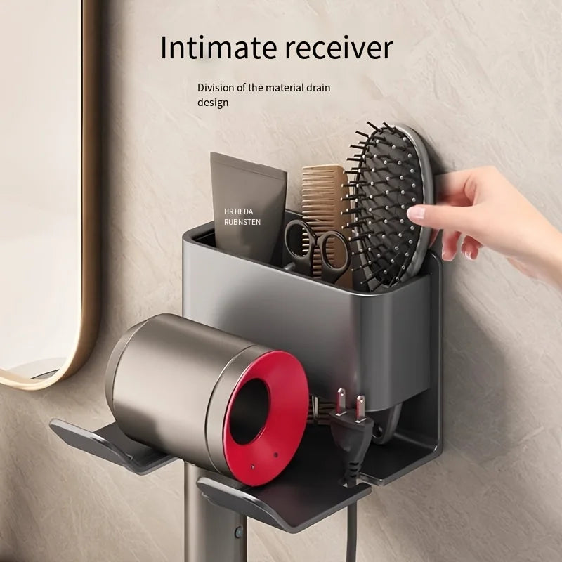 Metal Hair Dryer Holder, Easy Install Wall-Mounted, No-Drill Bathroom Organizer for Electric Blow Dryers