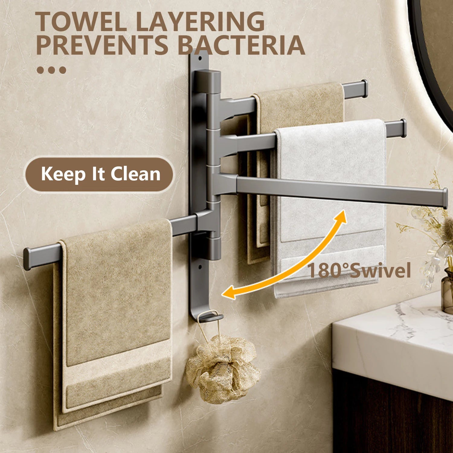 Rotatable Bathroom Towel Rack, Aluminum 1-5 Bar Wall-Mounted Towel Holder with Space-Saving Design for Kitchen and Bath