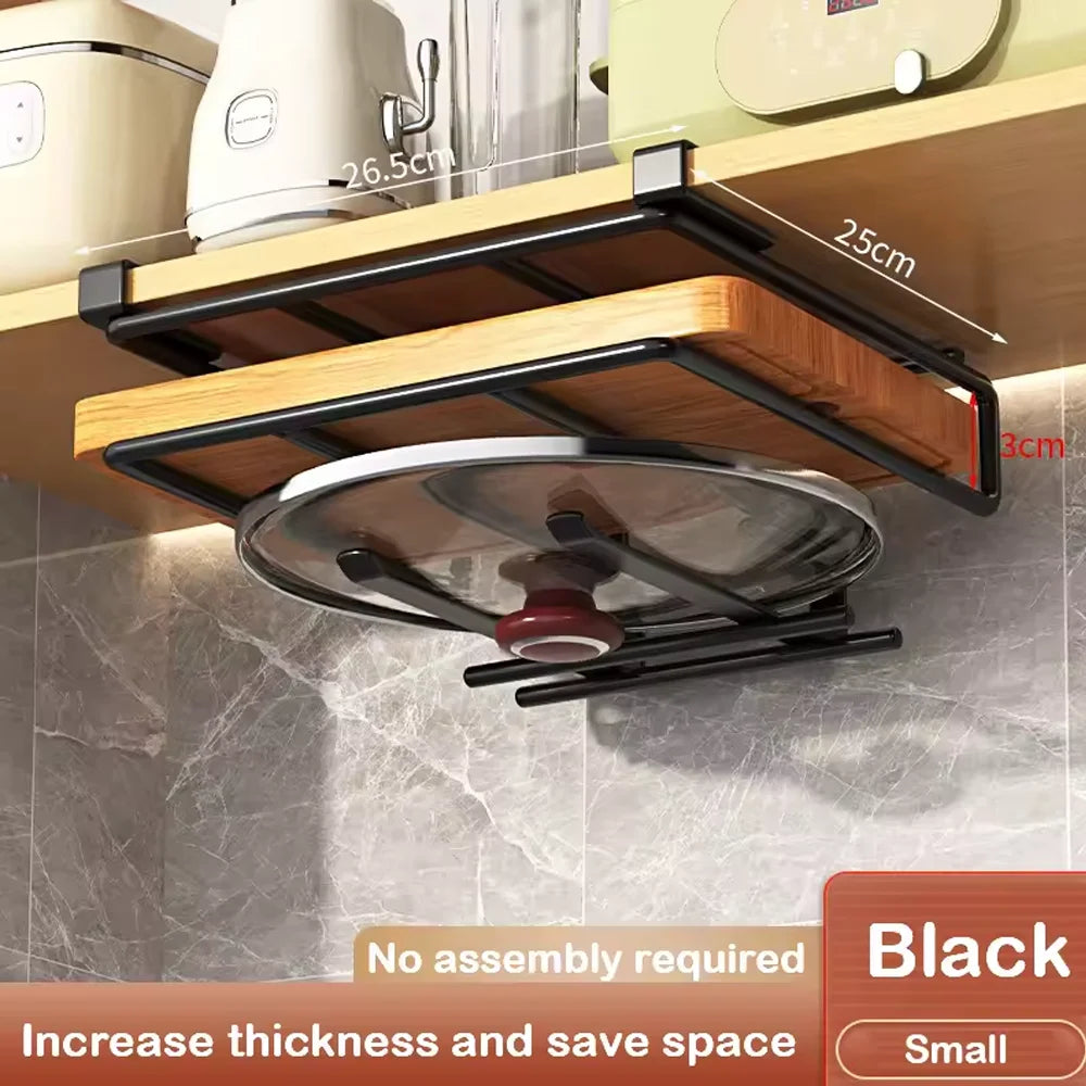 Space Saving Kitchen Organizer: Under Cabinet Hanging Rack with Hooks for Towels Cutting Boards & Pot Lids