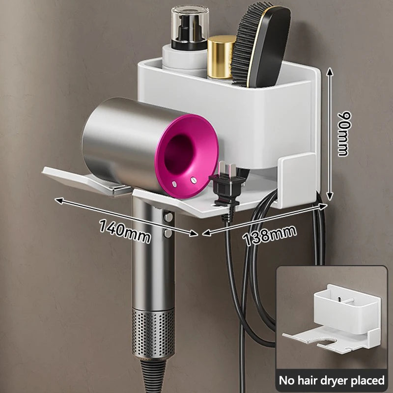 Metal Hair Dryer Holder, Easy Install Wall-Mounted, No-Drill Bathroom Organizer for Electric Blow Dryers