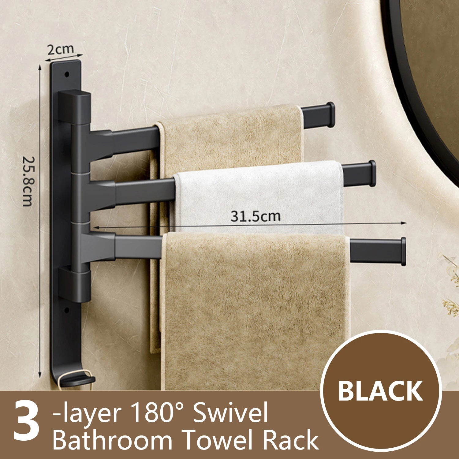 Rotatable Bathroom Towel Rack, Aluminum 1-5 Bar Wall-Mounted Towel Holder with Space-Saving Design for Kitchen and Bath