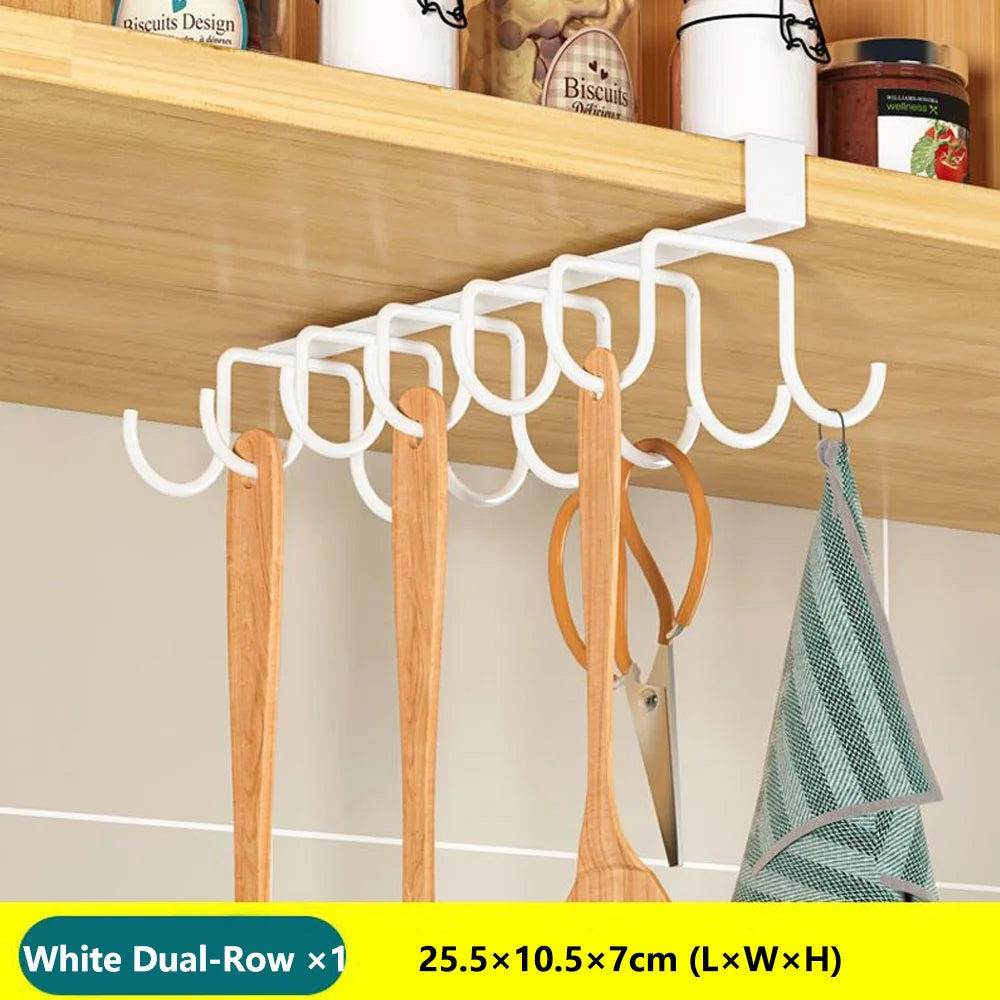 Space Saving Kitchen Organizer: Under Cabinet Hanging Rack with Hooks for Towels Cutting Boards & Pot Lids