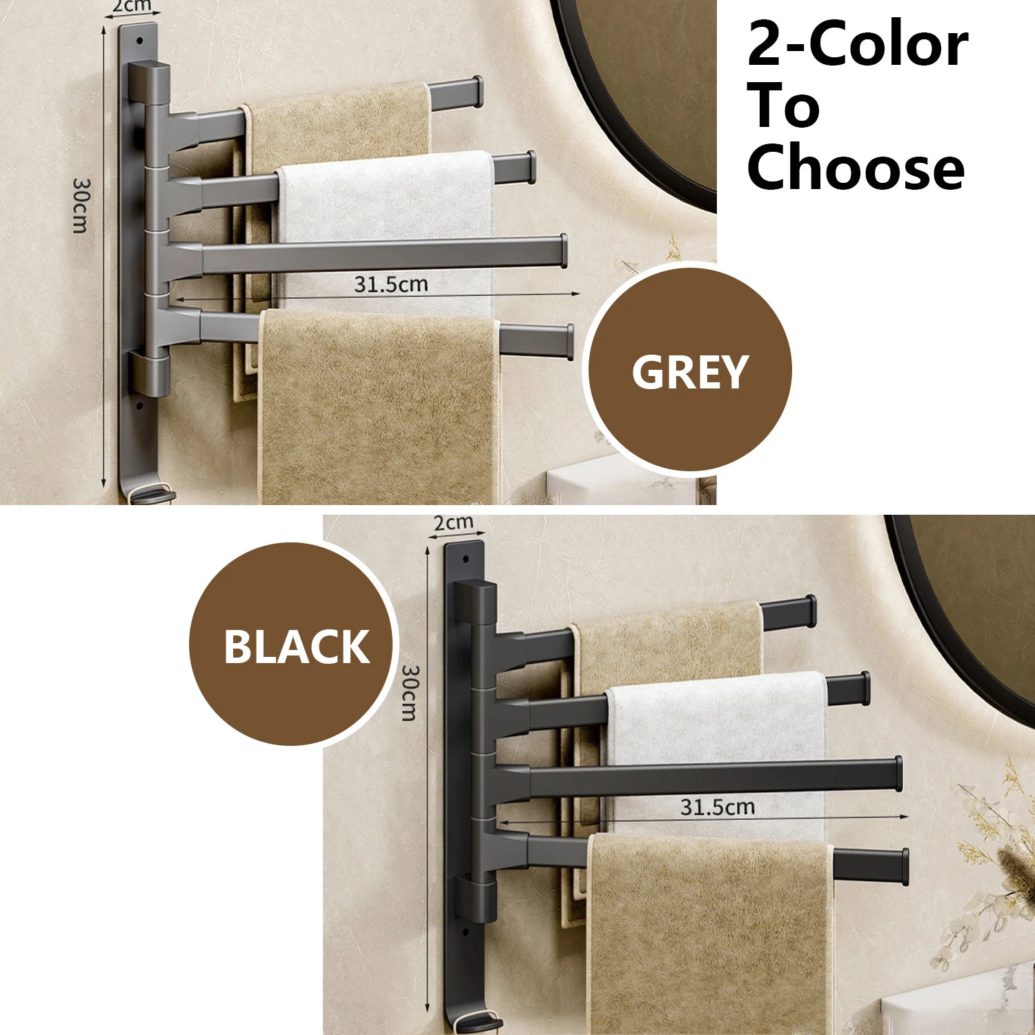 Rotatable Bathroom Towel Rack, Aluminum 1-5 Bar Wall-Mounted Towel Holder with Space-Saving Design for Kitchen and Bath