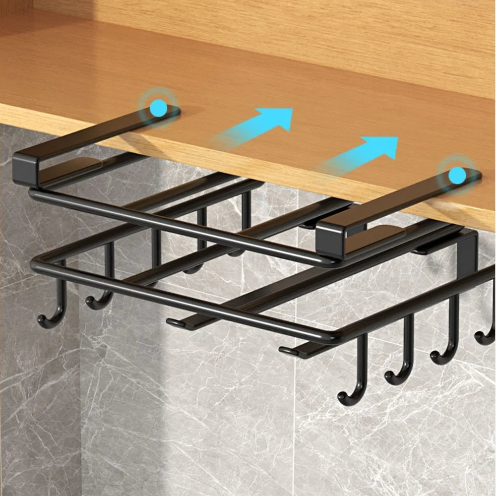 Space Saving Kitchen Organizer: Under Cabinet Hanging Rack with Hooks for Towels Cutting Boards & Pot Lids