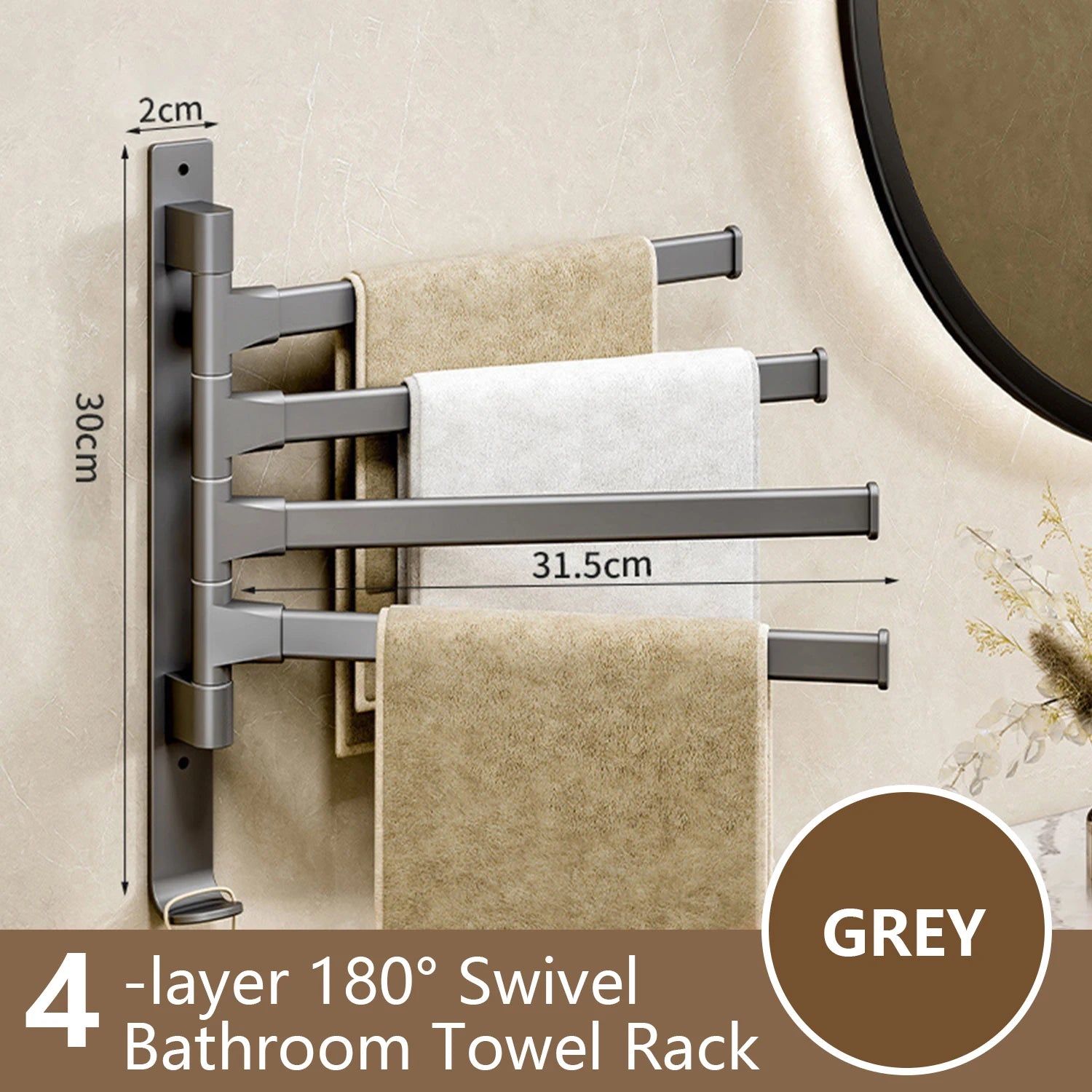 Rotatable Bathroom Towel Rack, Aluminum 1-5 Bar Wall-Mounted Towel Holder with Space-Saving Design for Kitchen and Bath