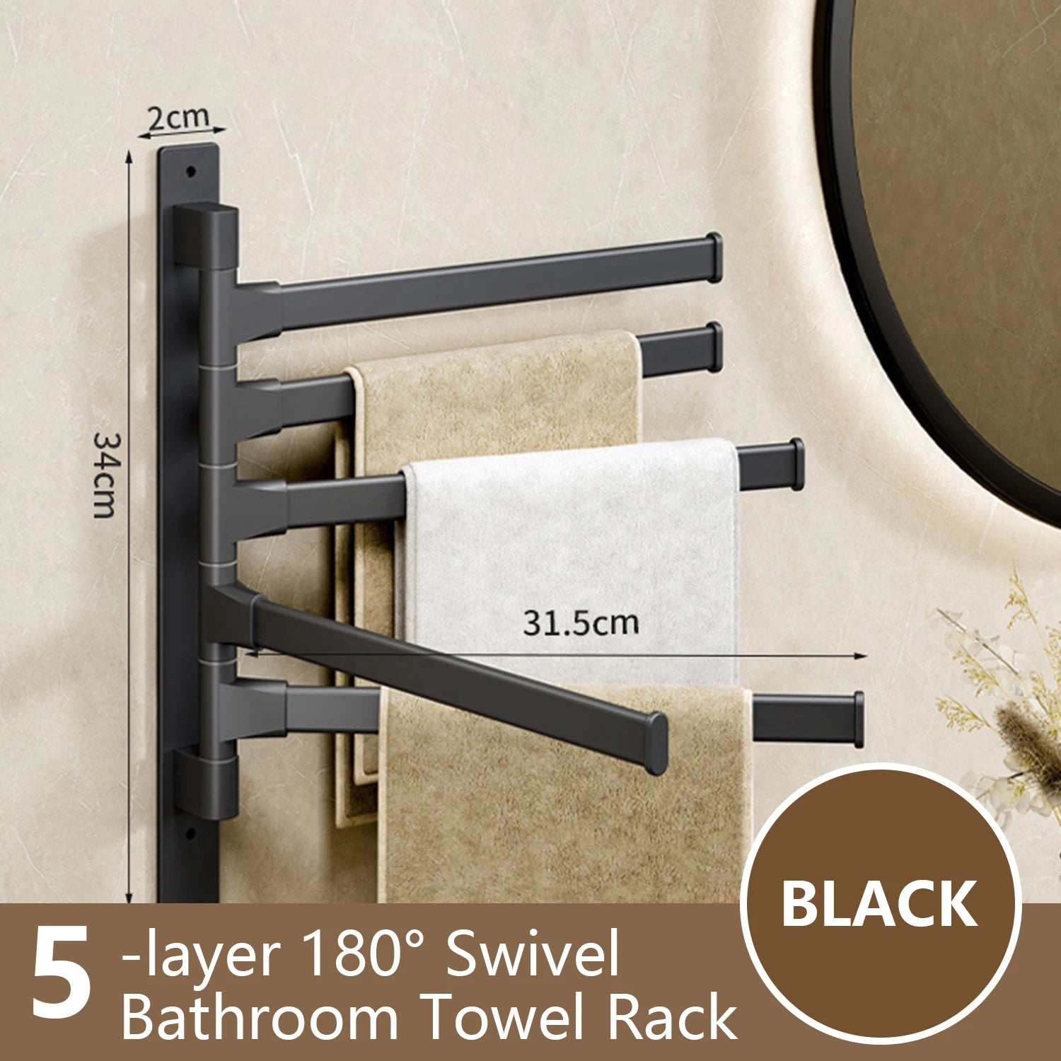 Rotatable Bathroom Towel Rack, Aluminum 1-5 Bar Wall-Mounted Towel Holder with Space-Saving Design for Kitchen and Bath