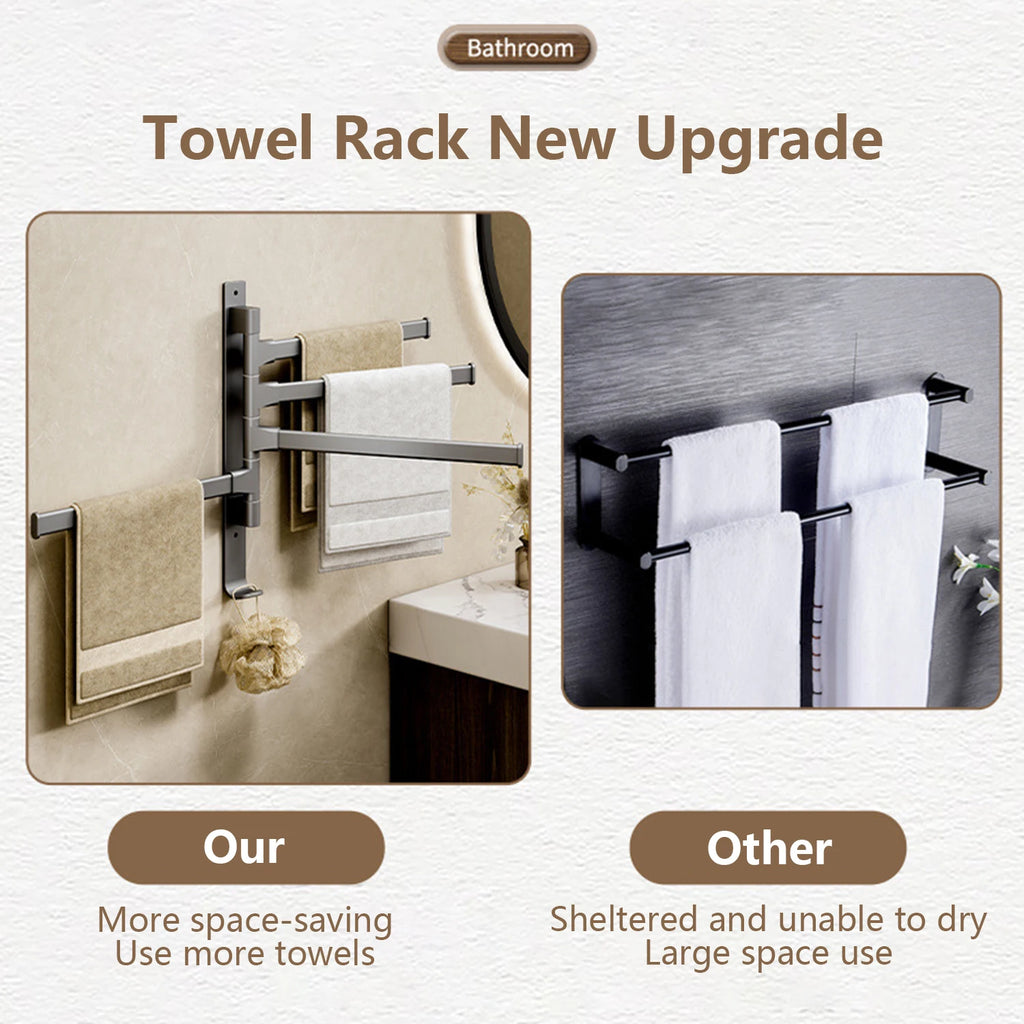 Rotatable Bathroom Towel Rack, Aluminum 1-5 Bar Wall-Mounted Towel Holder with Space-Saving Design for Kitchen and Bath