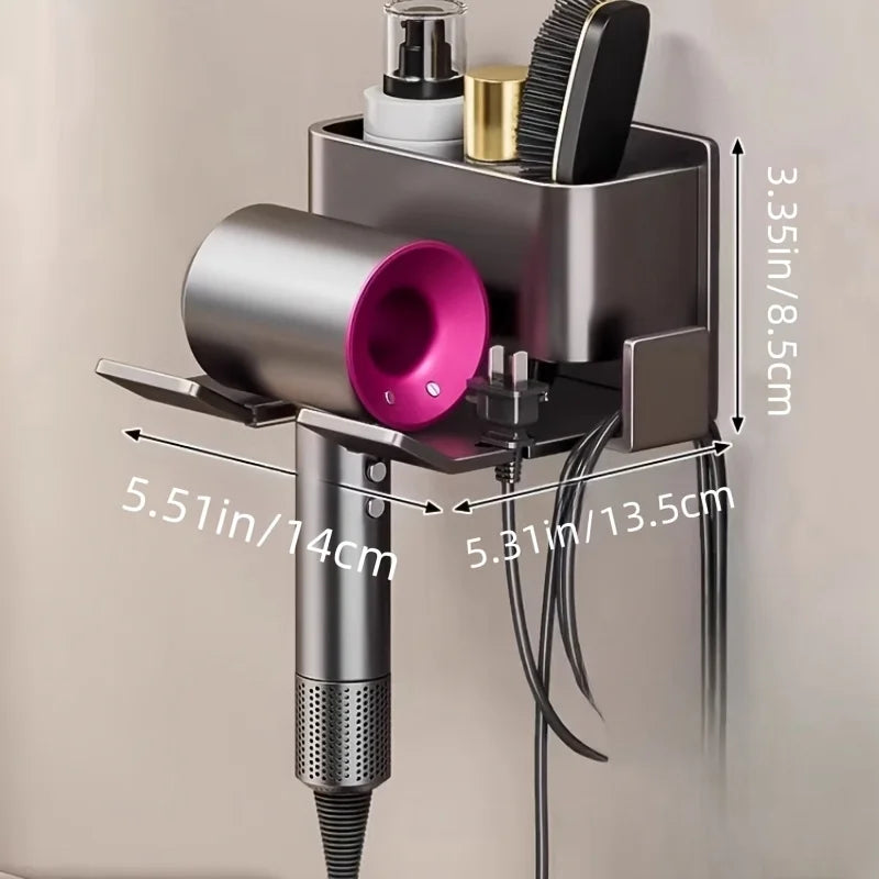 Metal Hair Dryer Holder, Easy Install Wall-Mounted, No-Drill Bathroom Organizer for Electric Blow Dryers