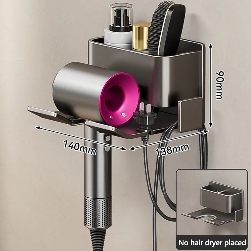 Metal Hair Dryer Holder, Easy Install Wall-Mounted, No-Drill Bathroom Organizer for Electric Blow Dryers