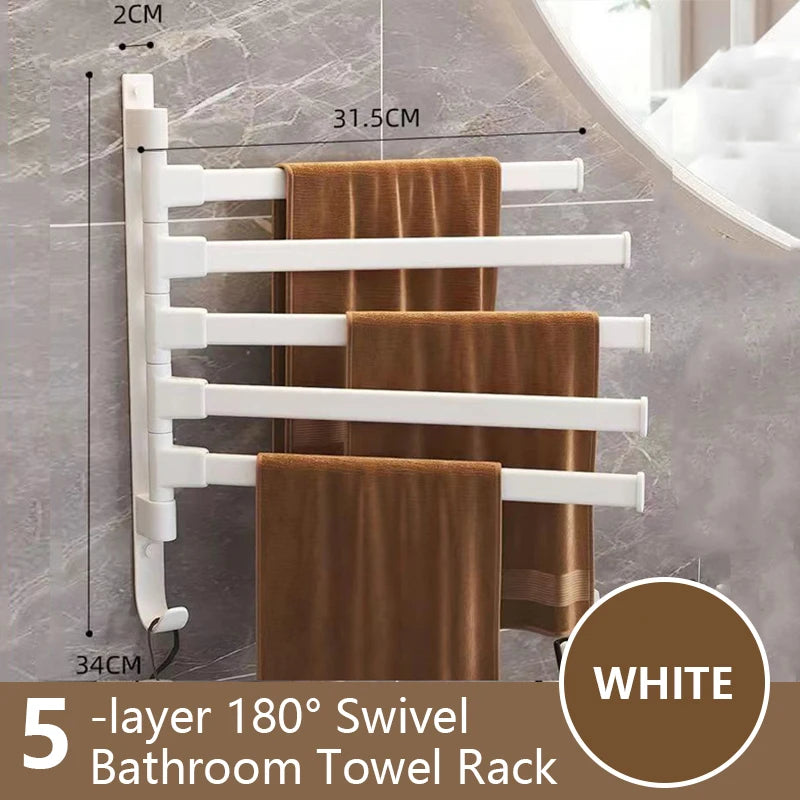 Rotatable Bathroom Towel Rack, Aluminum 1-5 Bar Wall-Mounted Towel Holder with Space-Saving Design for Kitchen and Bath